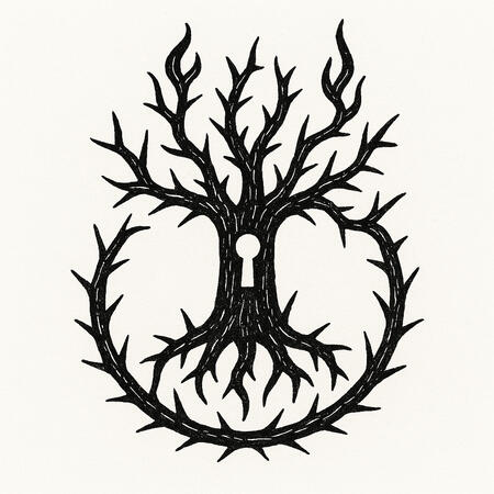 Tree with keyhole and thorns. Black ink emblem of a thorned tree with a keyhole at its center, symbolizing hidden knowledge and spiritual initiation rooted in native Irish tradition.