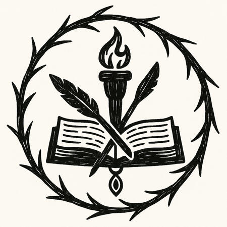Torch and quills over an open book within thorns. A symbol of magical study and teaching. A open book beneath a lit torch and crossed quills, encircled by protective thorns.