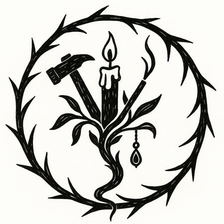Tools of craft emerging from thorns. A ritual emblem featuring a hammer, candle, incense wand, and charm nestled in vine-like thorns. symbolizing handcrafted magic and ancestral skill rooted in nature and intention.
